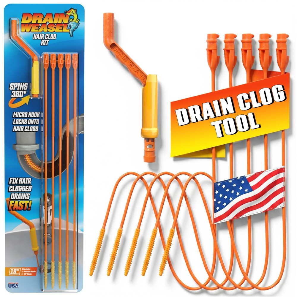 FlexiSnake Drain Weasel Sink Snake Handle + 5 Refill Wands, Orange/Yellow