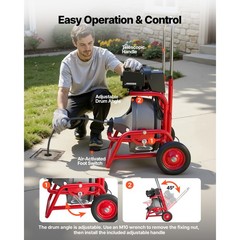 Uimoso Drain Cleaning Machine 75 FT x 1/2 Inch Manual Feed with 6 Cutter Heads