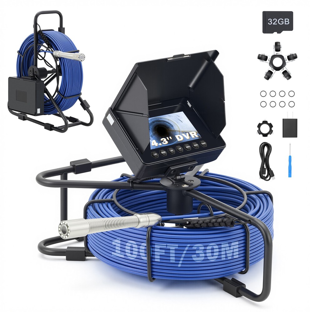 4.3 in. Sewer Camera w 98ft/30m Cable Length Marker 32GB Camera 8500mAh IP68