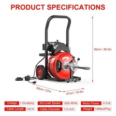 100Ft X 1/2 Inch Cable Portable Electric Drain Cleaner 370W Sewer Snake Machine