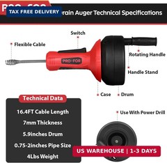 Drain Auger, 16.4FT Plumbing Snake Drain Clog Remover, Manual & Drill Powered Dr