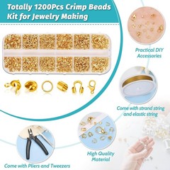 1200 Pcs Gold Crimp Beads Kit, Jewelry Making Supplies Include Crimp Covers, Cri