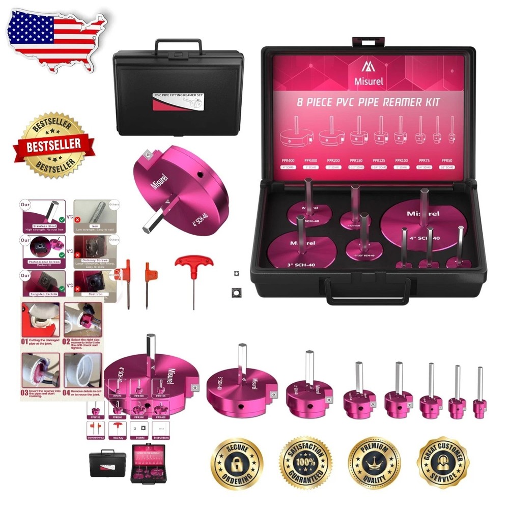 Pro 8pc PVC Reamer Kit Aluminum 8 Sizes Carbide Inserts Fitting Saver Tool