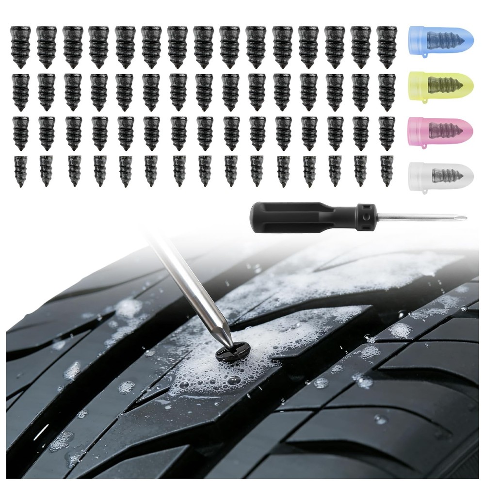 60 PCS Screw Type Tire Plug Kit Rubber Nail 4Size Tires Plugs Screwdrivers