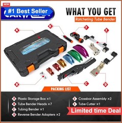 Ratcheting Tube Bender Kit 1/4 to 7/8 Inch 7 Aluminum Heads Forward Reverse