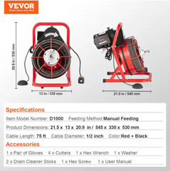 Electric Drain Auger 75 ft. x 1/2 in. Drain Cleaner Machine 370- Watt w/ Cutters