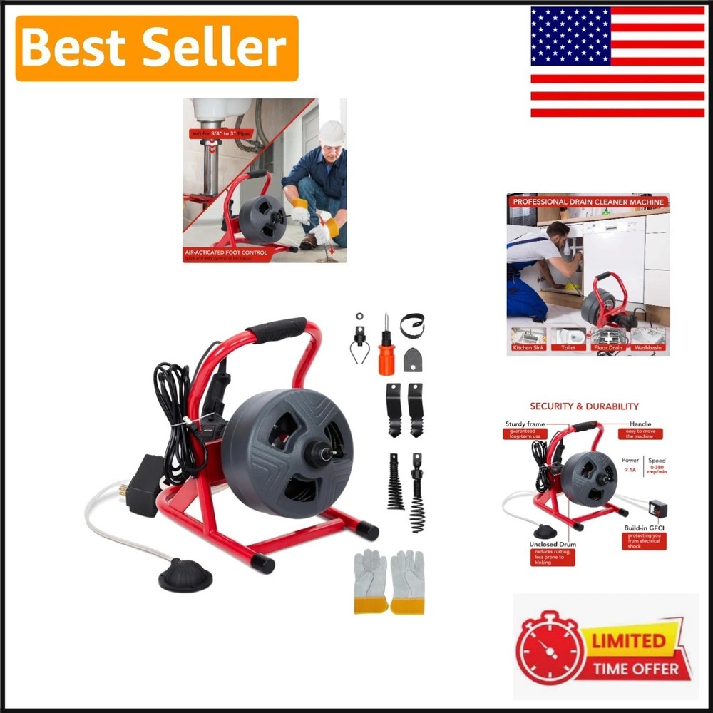 50Ft Electric Drain Cleaner with Footswitch & 6 Cutters for Easy Pipe Unblocking