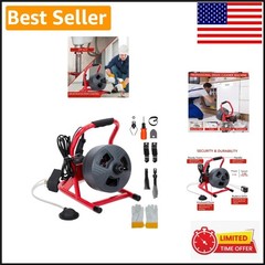 50Ft Electric Drain Cleaner with Footswitch & 6 Cutters for Easy Pipe Unblocking
