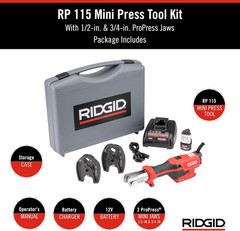 72553 Model RP 115 Mini Press Tool and Battery Kit with 1/2&Prime; to 3/4&Prime; Propress Pr