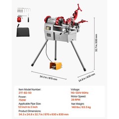 750W Electric Pipe Threading Machine 1/2-2in, Foot Pedal & Stand