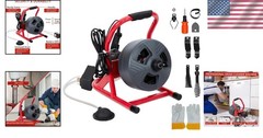 50Ft Electric Drain Cleaner with Footswitch & 6 Cutters for Easy Pipe Unblocking