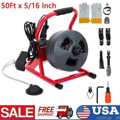 50FT Electric Drain Cleaner Sewer Snake 5/16&Prime; Cleaning Machine Cutters & Gloves