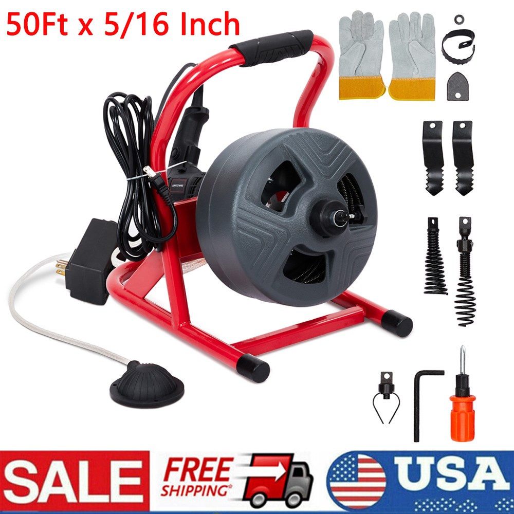 50Ft x 5/16 Inch Drain Cleaner Machine Drain Auger for 3/4 to 3 In Machine US