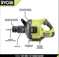 Ryobi 35ft Cordless Drain Auger LED Light, Auto Feed/retract, Cable Lock