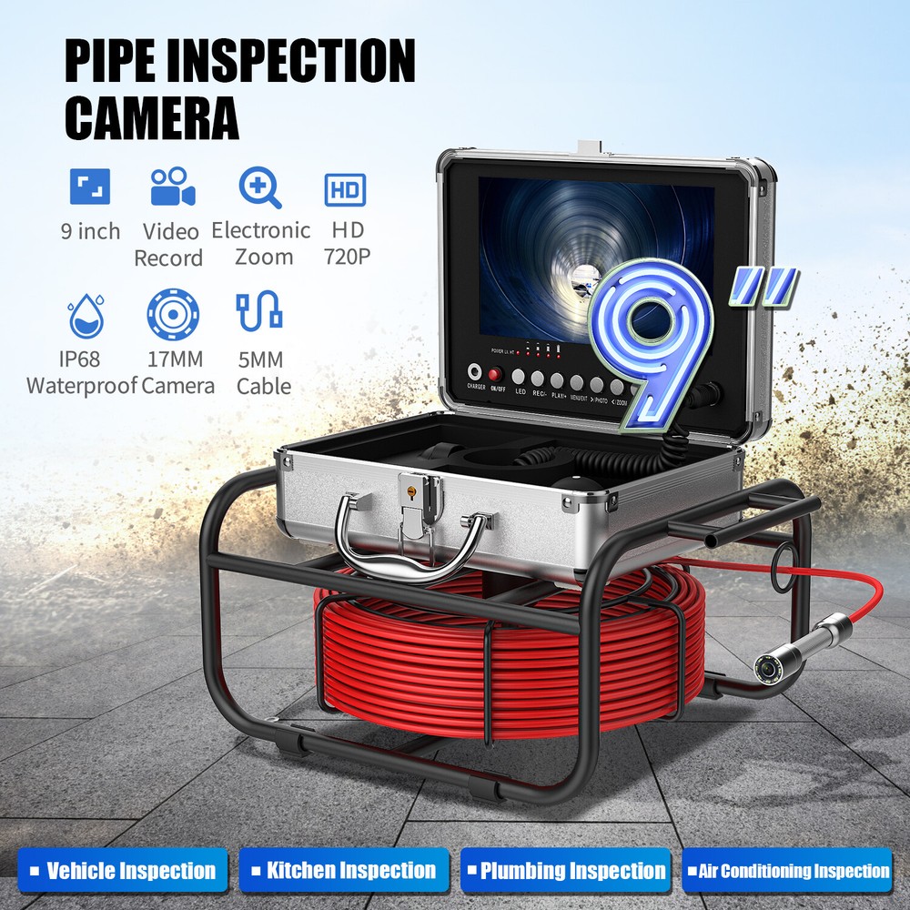 9&Prime; Monitor DVR 16GB 20M Pipe Inspection Camera Drain Sewer Industrial Endoscope