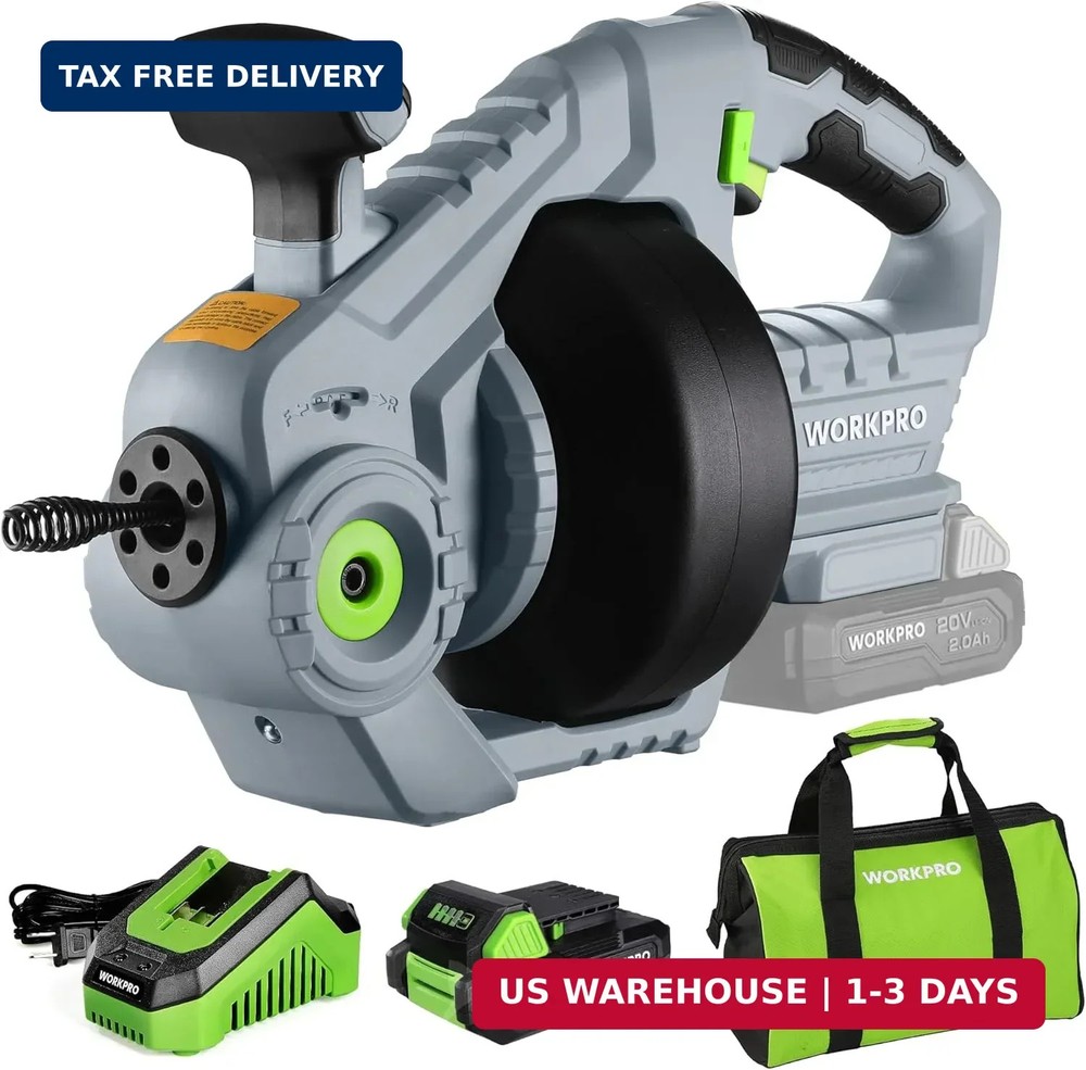 WORKPRO 20V Electric Drain Auger, 25Ft Plumbing Snake Drain Hair Removal Tool Se