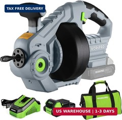 WORKPRO 20V Electric Drain Auger, 25Ft Plumbing Snake Drain Hair Removal Tool Se