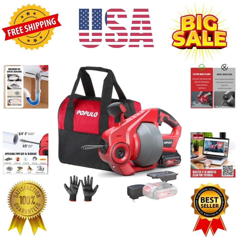 20V Cordless Electric Drain Auger-Efficient 25Ft Auto-Feed Drain Snake with R&hellip;