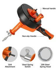 25FT Drain Auger Snake Kit with Drill Adapter, Clog Removal Tool for Kitchen & B