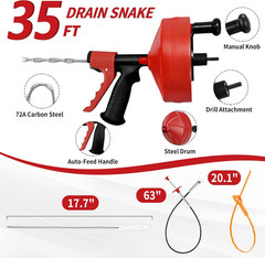 Drain Snake 35 Ft with Drill Attachment, Auto Feed 1/4 Inch Plumbing Snake for S