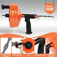 50FT Drain Auger Snake &ndash; Manual/Drill Powered, Heavy Duty Plumbing Tool, Gloves