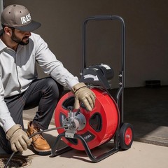 Auto-Feed Drain Auger: 100ft Steel Cable, 1700RPM, Foot Switch, 4 Cutters