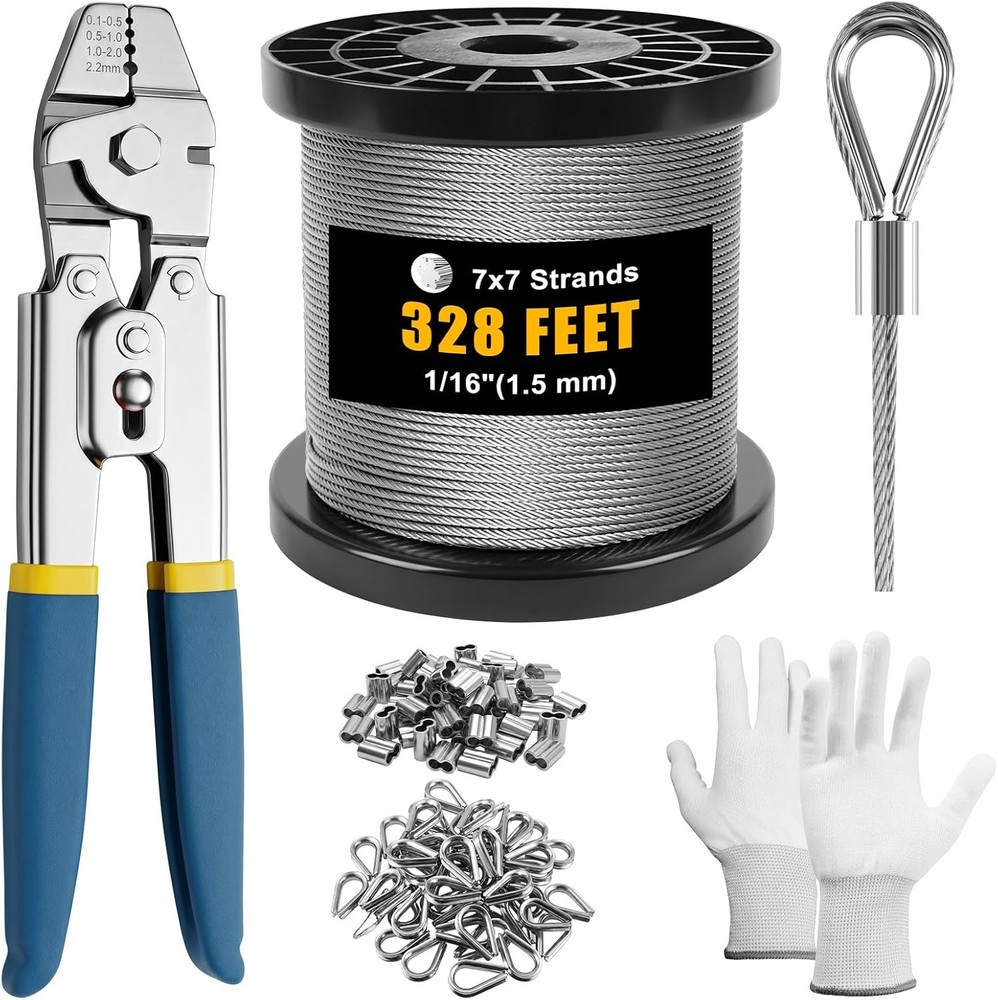 Heavy Duty Wire Rope Crimping Tool Kit, 328FT Stainless Steel Cable, 210 PCS Cri