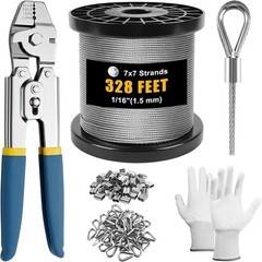 Heavy Duty Wire Rope Crimping Tool Kit, 328FT Stainless Steel Cable, 210 PCS Cri
