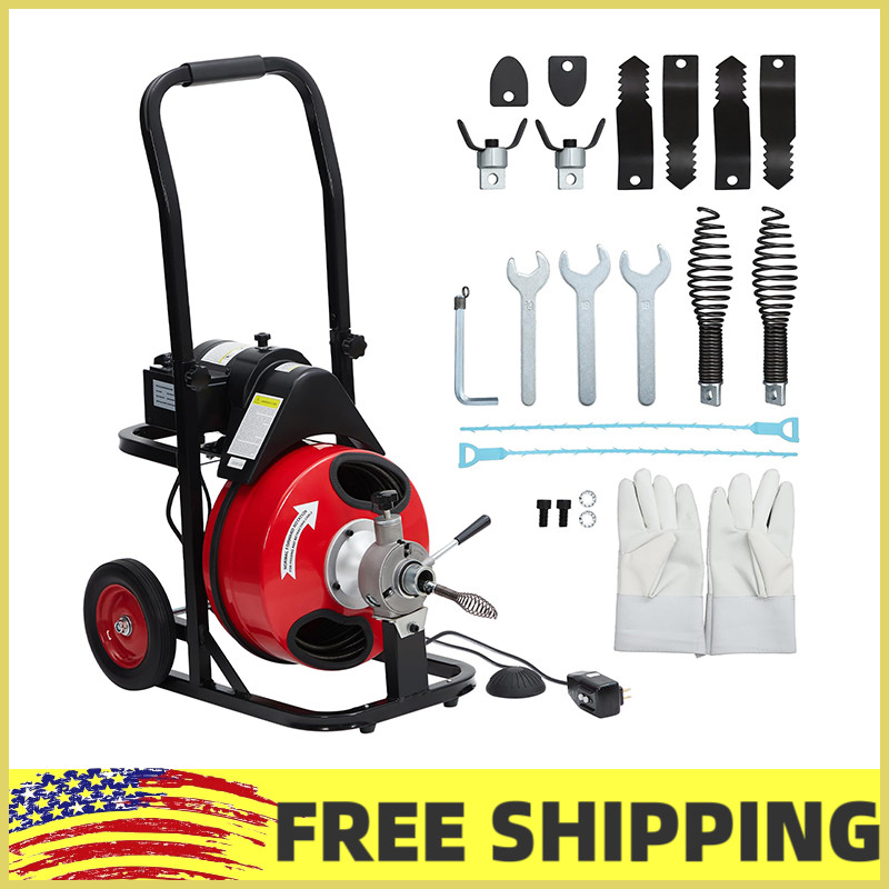 75 FT x1 /2 IN Portable Drain Snake W/Pneumatic Foot Switch Fit 1&Prime; to 4&Prime; Pipes