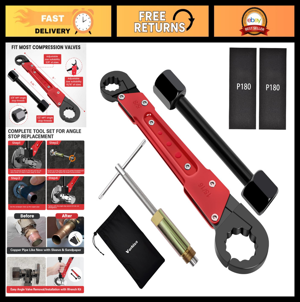 6-Piece Plumbing Tool Kit, Angle Stop Wrench, Compression Sleeve Puller, Sandpap