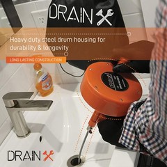 Heavy-Duty-Steel Pro Drum Drain Auger, 25 Ft., with Work Gloves and Carrying&hellip;