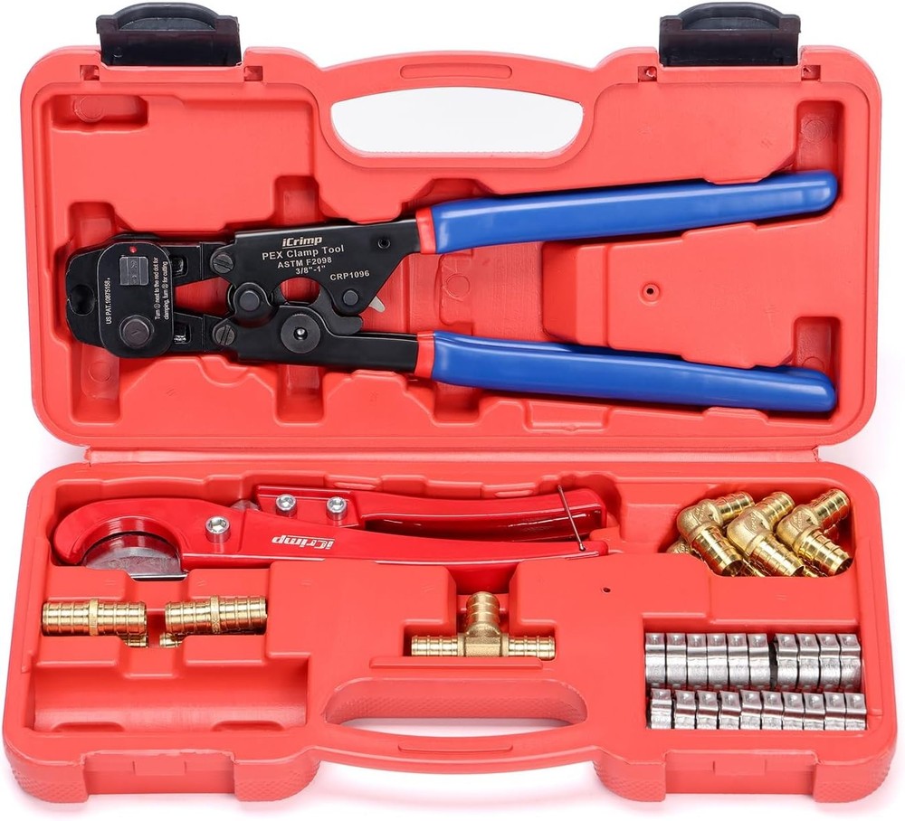 iCRIMP PEX Cinch & Removal Tool Kit w/ 20 Clamps & 12 Fittings 3/8&Prime;-1&Prime;