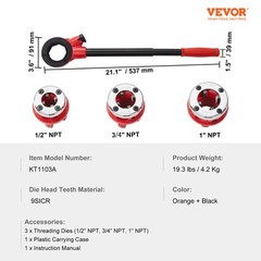 VEVOR Ratchet Pipe Threader Kit Pipe Threading Tool 1/2&Prime; NPT, 3/4&Prime; NPT, 1&Prime; NPT