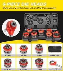 36475 12-R Manual Exposed Ratchet Pipe Threader Kit with 6 Dies,1/2&rdquo; to 2&rdquo; NPT