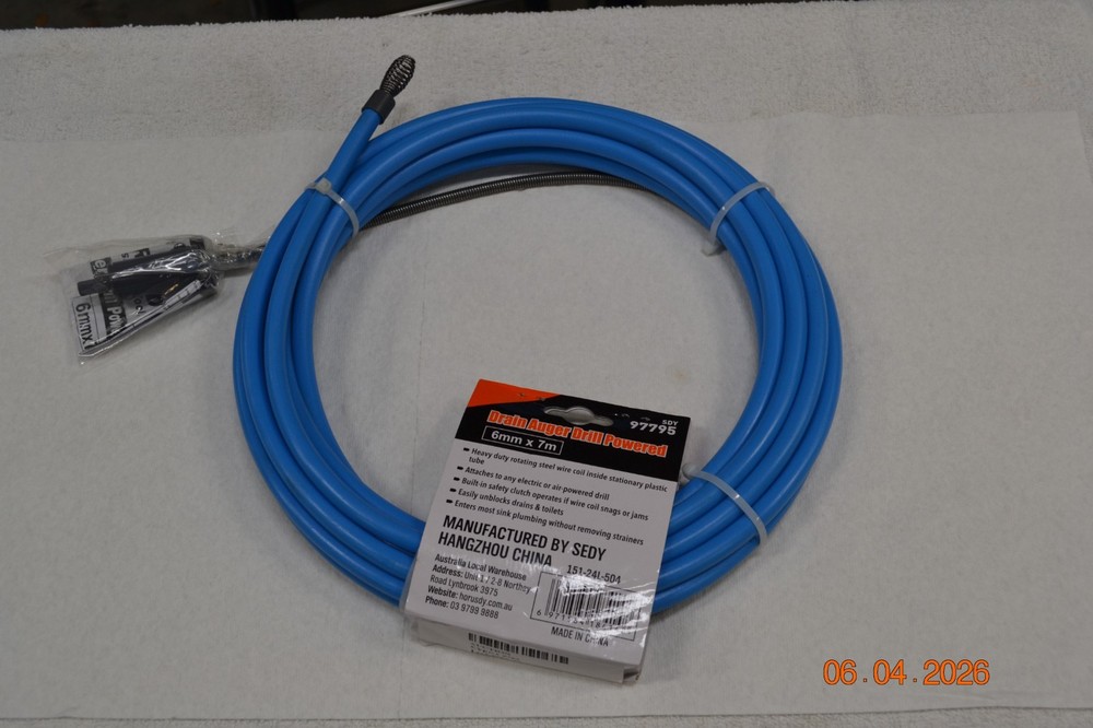 DRILL POWERED AUGER Fast Action Drain Clearing TOOL 6MM X 7M 22&rsquo;11&rdquo;