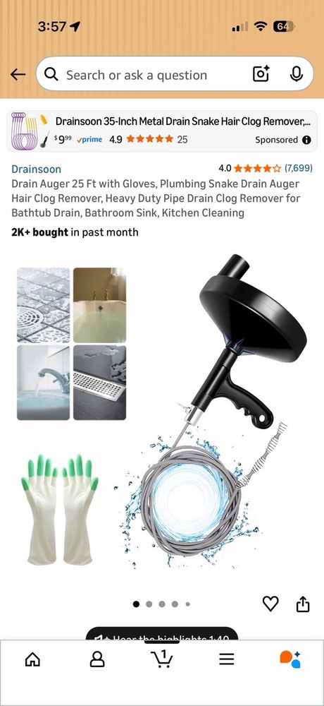 Drain Auger 25 Ft with Gloves, Plumbing Snake Drain Auger Hair Clog Remover, &hellip;