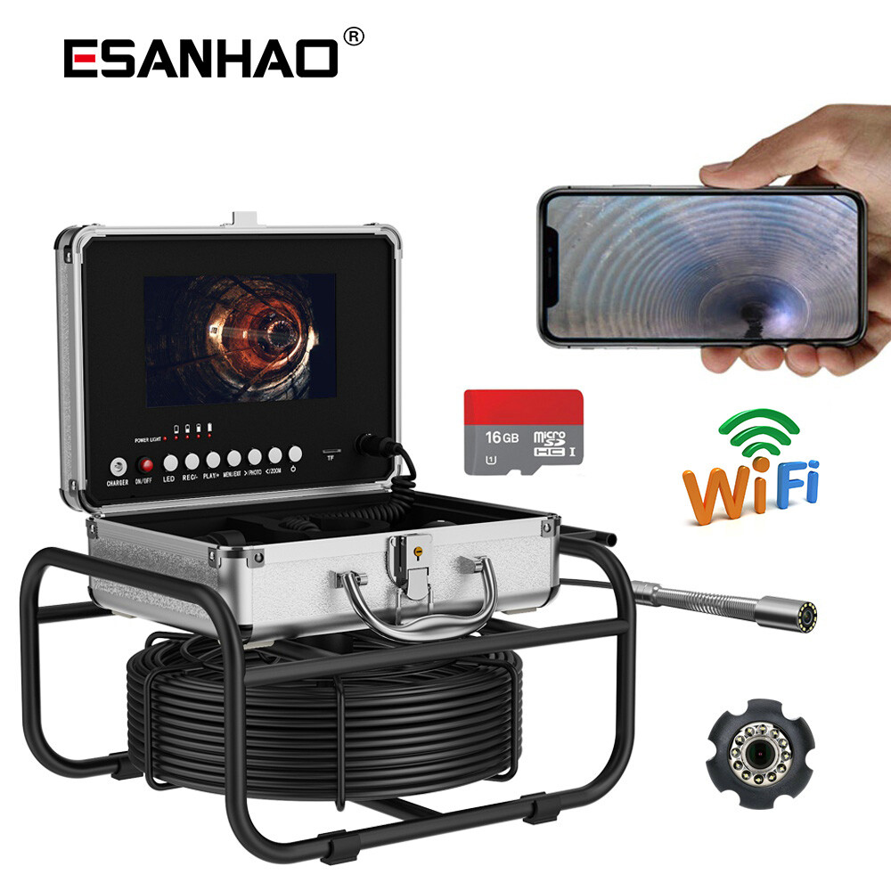 50M Pipe Inspection Camera 7&rdquo; WIFI Sewer Camera 23mm Lens Endoscope 16GB DVR