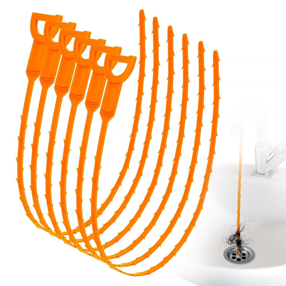 6 Pack 25 Inch Drain Snake Hair Clog Remover Tool, Flexible Sink Orange