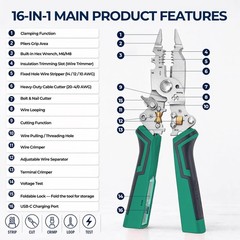 2026 New 16-IN-1 Foldable Wire Stripping Pliers, Rechargeable 12-250V AC/DC Test