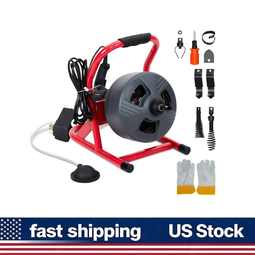50ft Manual Professional Drain Cleaner Machine 6 Cutters for 3/4-3 Inch Pipes