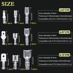 /360Pcs 2.8/4.8/6.3mm Quick Splice Male and Female Wire Spade Connector Crimp Te