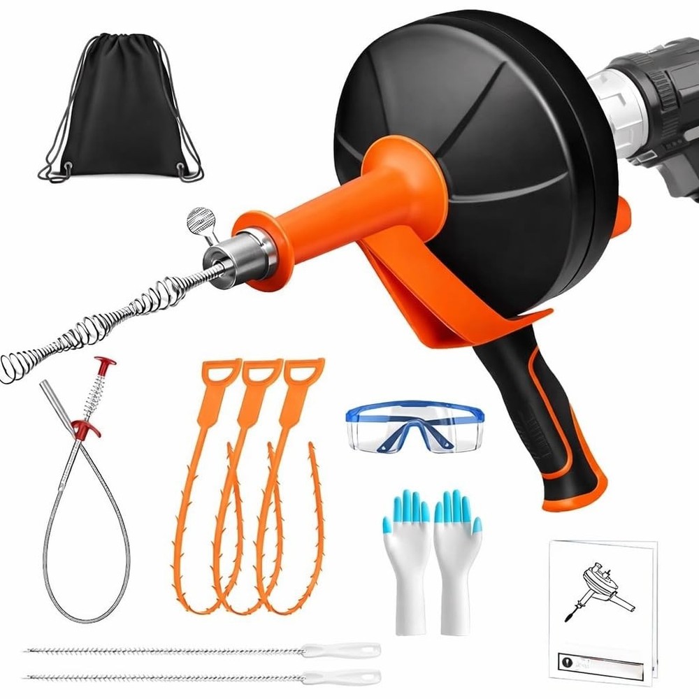 25Ft Snake Drain Hair Removal Tool Drill Powered and Manual Drain Cleaner Tool