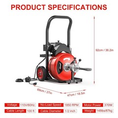 100FT Steel Cable Drain Cleaner Electric 1/2 Inch 370W Portable Sewer Snake Mach