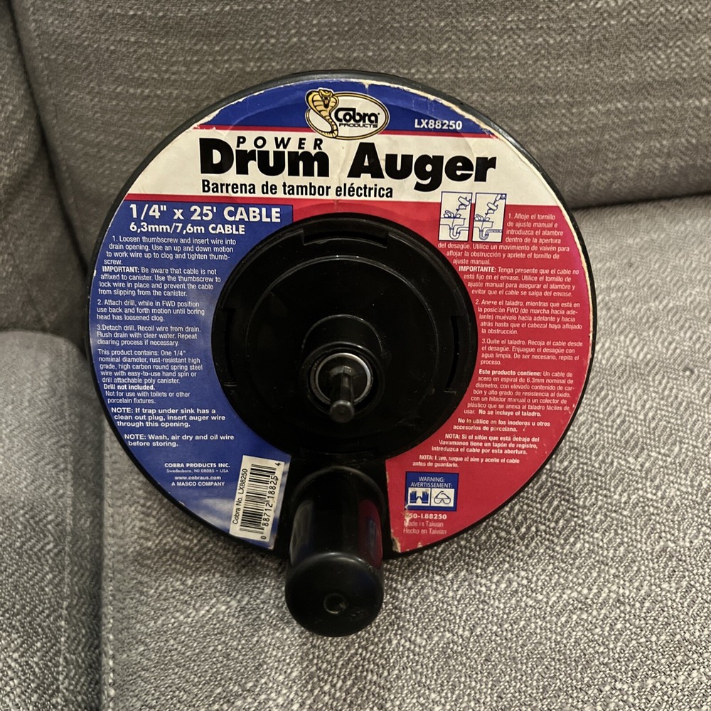 Cobra Products Metal Drum Auger 25 Foot Cable 1/4&rdquo; Preowned