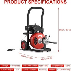 75FT x 1/2&Prime; Heavy Duty Auto Feed Electric Drain Cleaning Machine W/5Cutters Home