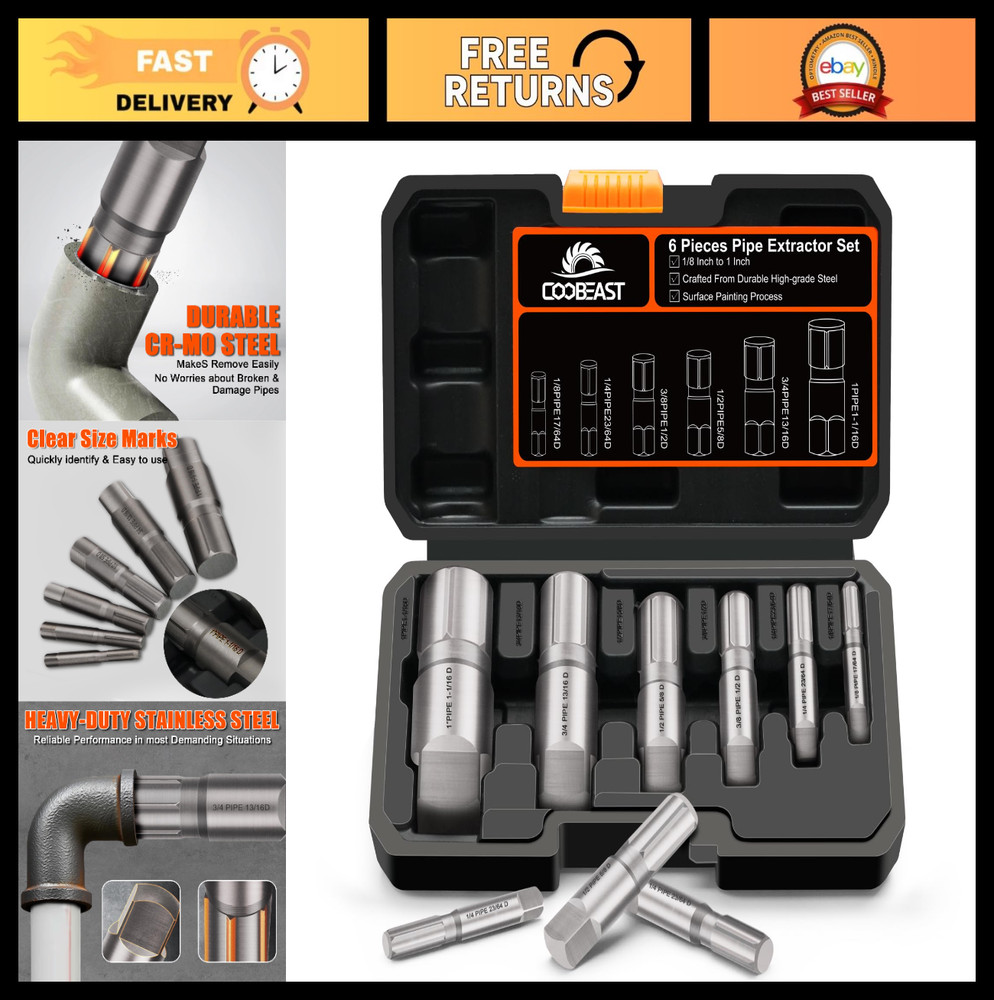 Heavy Duty 6pcs Pipe Extractor Set &ndash; Size-Marked Broken Threaded Pipe Remover To