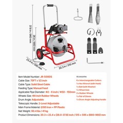 Uimoso Drain Cleaning Machine 75 FT x 1/2 Inch Manual Feed with 6 Cutter Heads