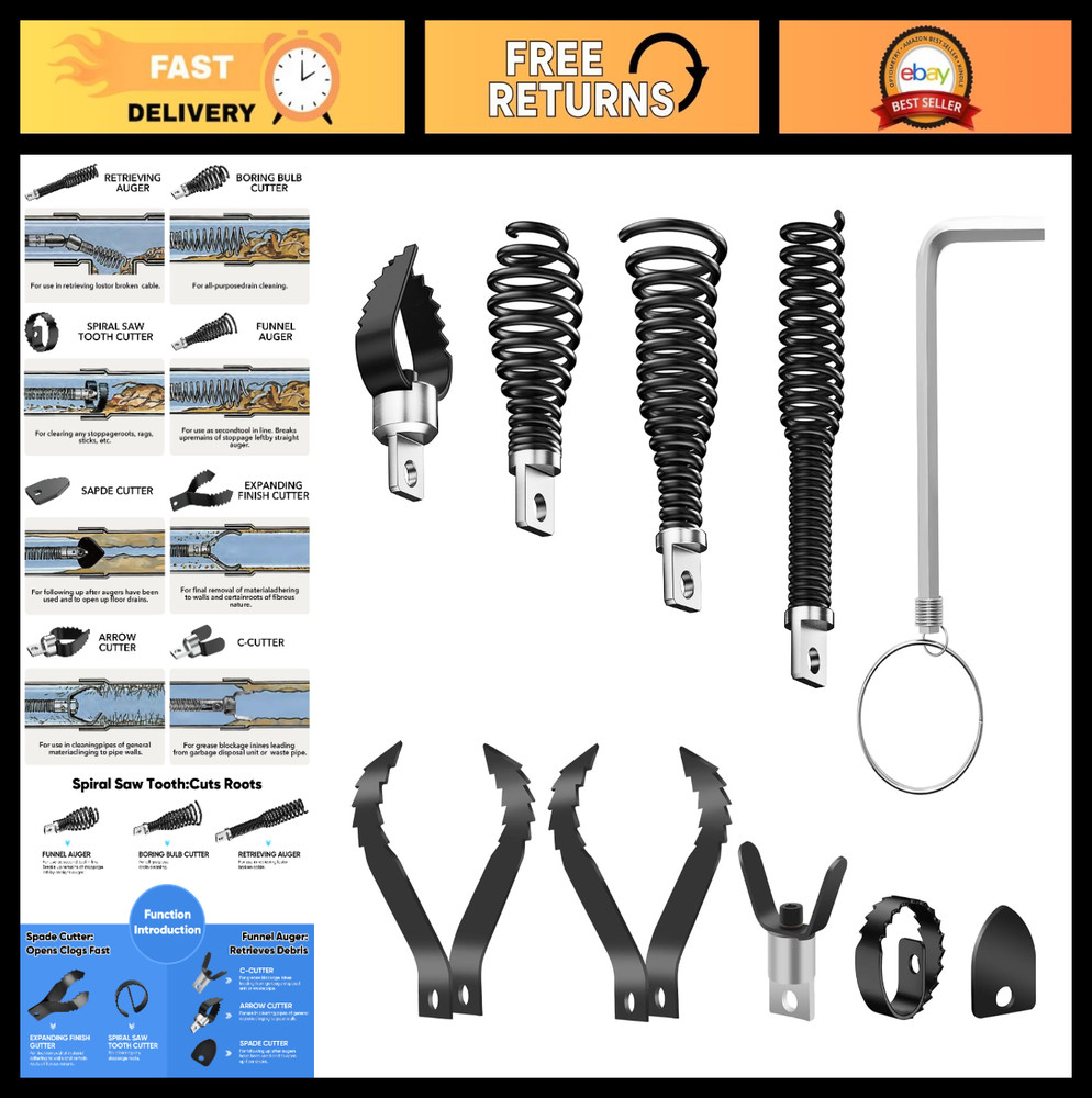 9-Piece Heavy-Duty Drain Auger Set for 5/16&rdquo;-3/4&Prime; Cables, Rust-Resistant, Fits 5