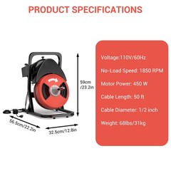 50FTx1/2&Prime; Heavy Duty Drain Cleaner Machine,Auto Feed Sewer Snake Auger W/Cutter