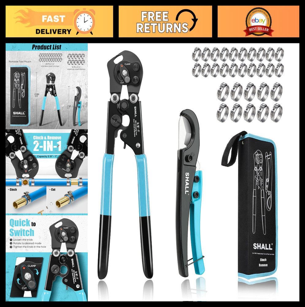 2-in-1 PEX Crimping Tool & Pipe Cutter Kit, 20pcs 1/2&Prime; & 10pcs 3/4&Prime; Clamps, Stor